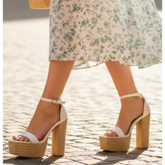 Shoes - White Platform Espadrille High Heel Sandals With Ankle Strap